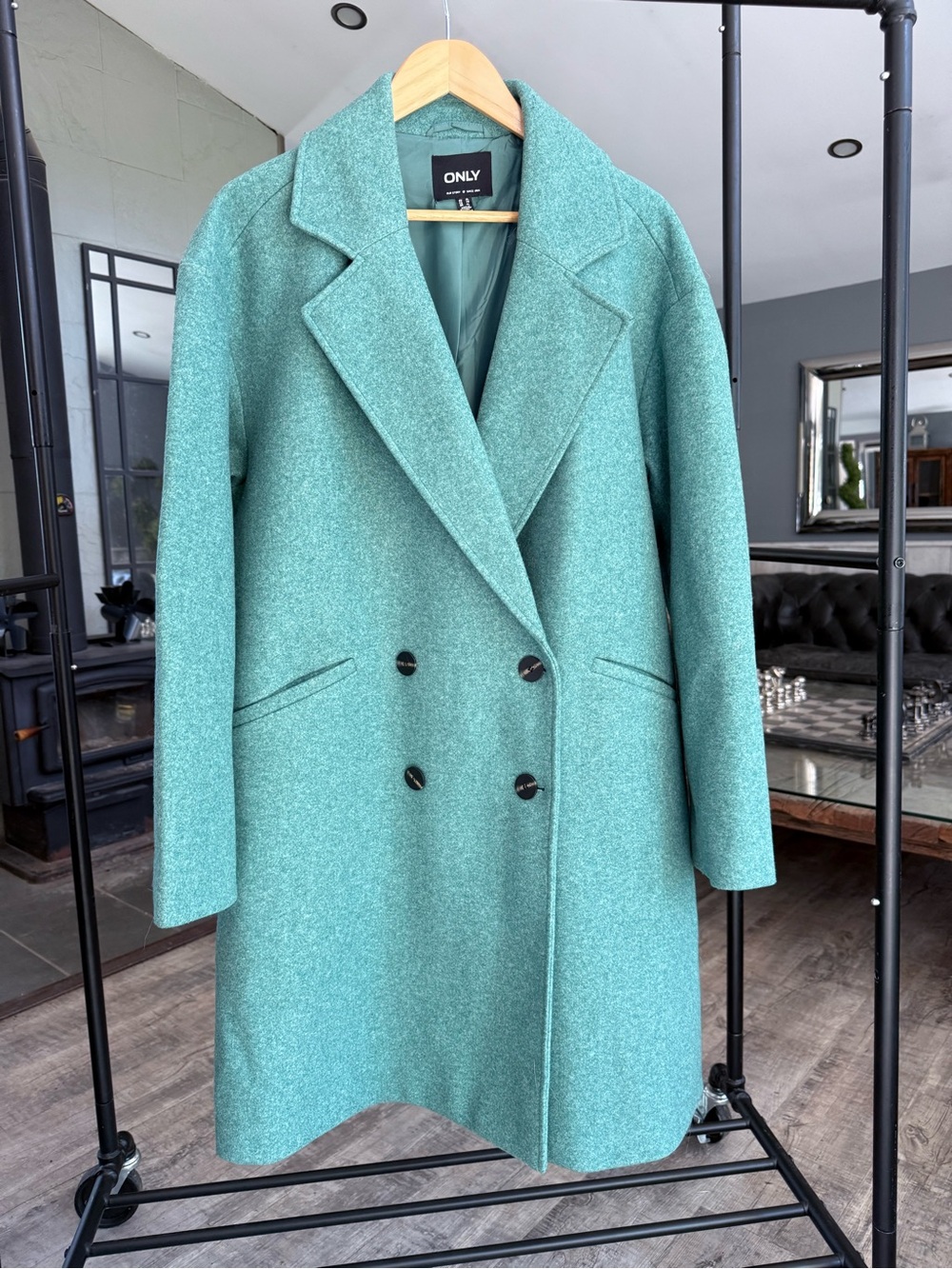 ONLY Double-Breasted Teal Green Wool-Blend Pea Coat